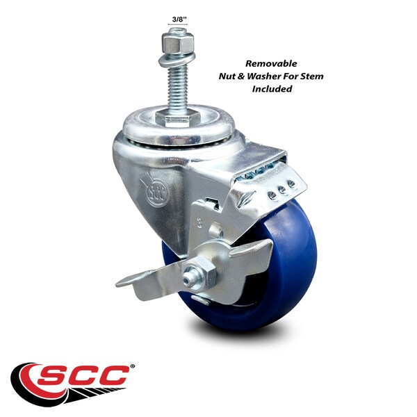 Service Caster 3 Inch Solid Polyurethane Wheel Swivel 3/8 Inch Threaded Stem Caster with Brake SCC-TS20S314-SPUS-TLB-381615 - main